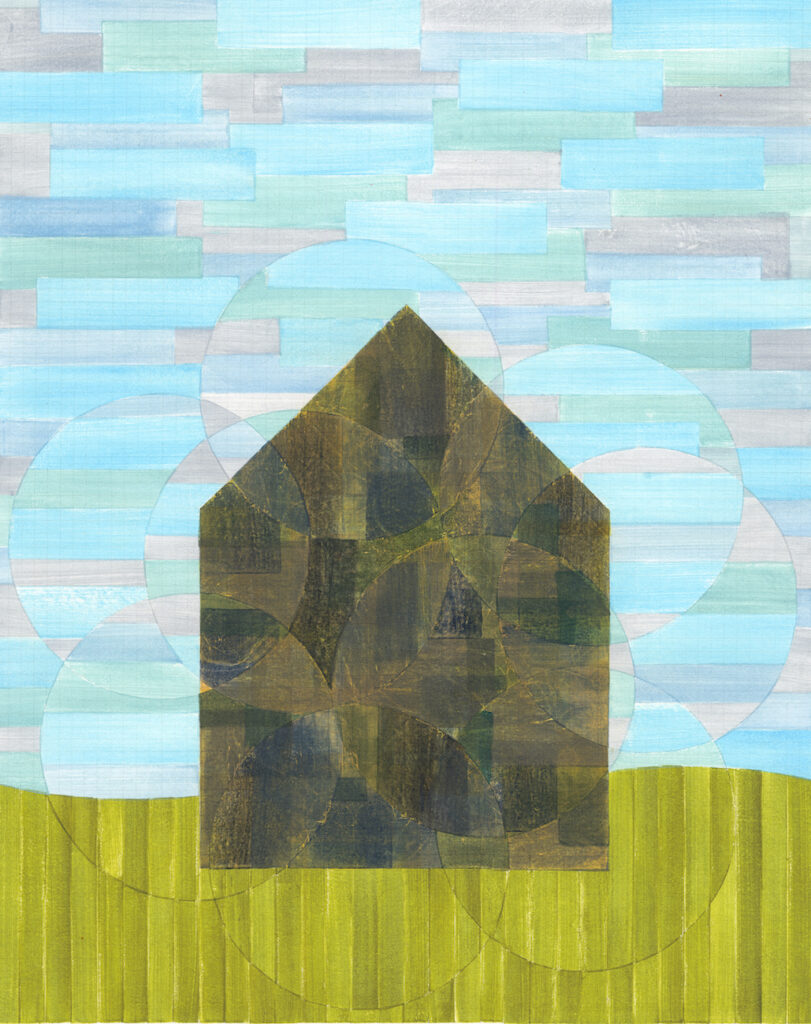 Artwork with dark house shape centered with green at bottom and abstracted blue sky by Tracy Simpson